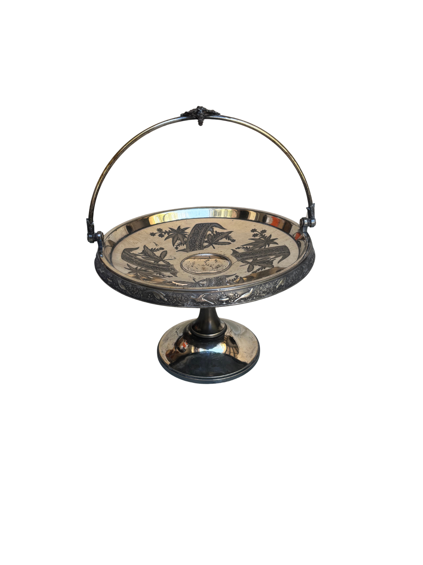 Meriden Britannia Co. Aesthetic Movement Silverplate Brides Basket / Compote with Japonisme Decoration