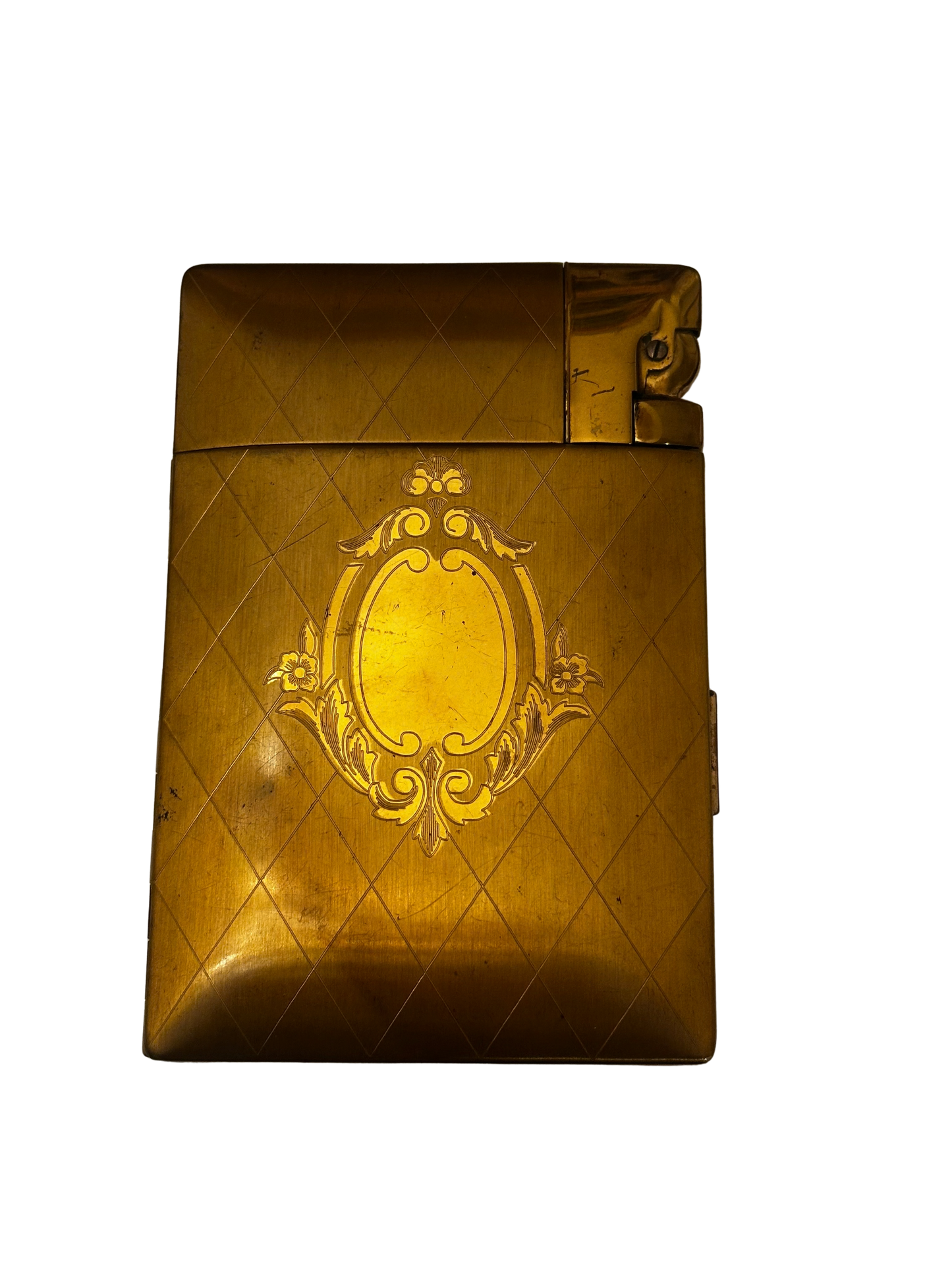 Vintage Elgin American “Magic Action” Cigarette Case and Lighter, Gold-Tone Engine-Turned Metal, Mid-20th Century