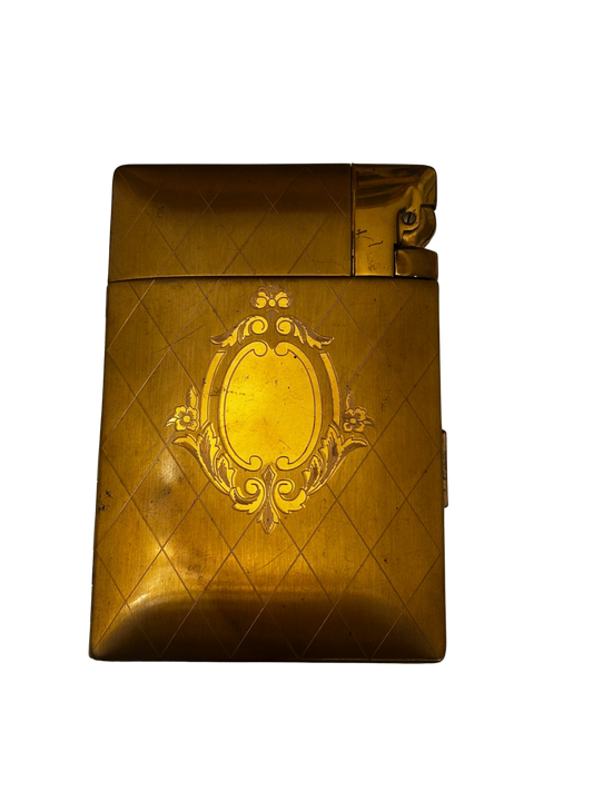 Vintage Elgin American “Magic Action” Cigarette Case and Lighter, Gold-Tone Engine-Turned Metal, Mid-20th Century