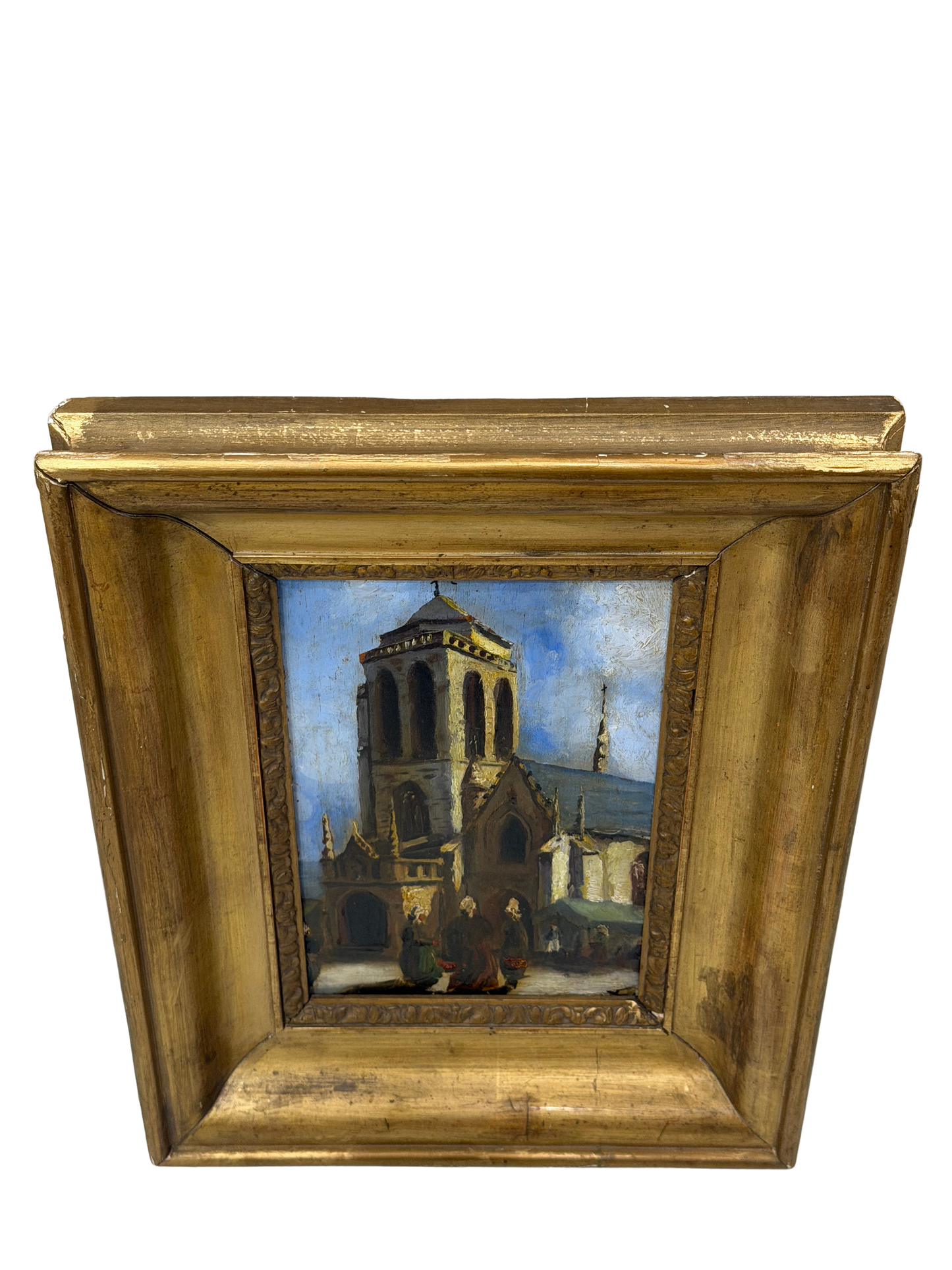 19th Century French School Oil Painting of Breton Church Scene, Monogrammed “LV”