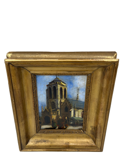 19th Century French School Oil Painting of Breton Church Scene, Monogrammed “LV”