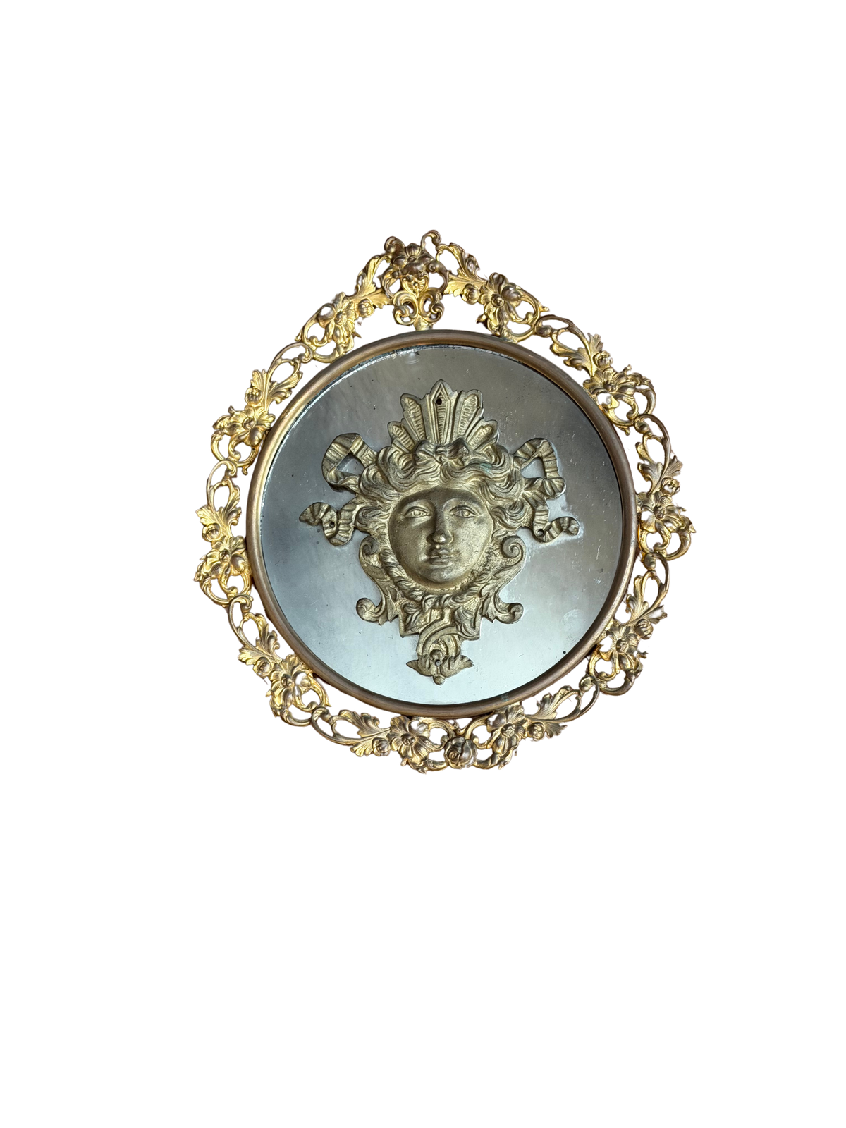 Antique French Gilt Bronze Floral Wall Mirror with Classical Female Mascaron, Possibly Medusa, Louis XV Revival Style, Late 19th Century