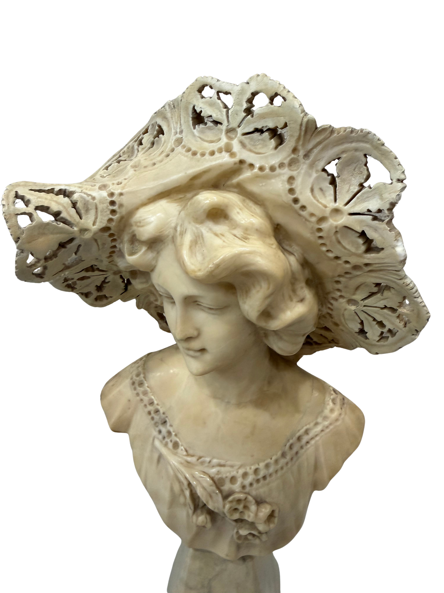 Vintage French-Style Alabaster Composite Maiden Bust with Pierced Lace Bonnet Mid to Late 20th Century