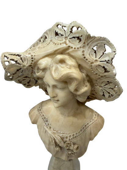 Vintage French-Style Alabaster Composite Maiden Bust with Pierced Lace Bonnet Mid to Late 20th Century