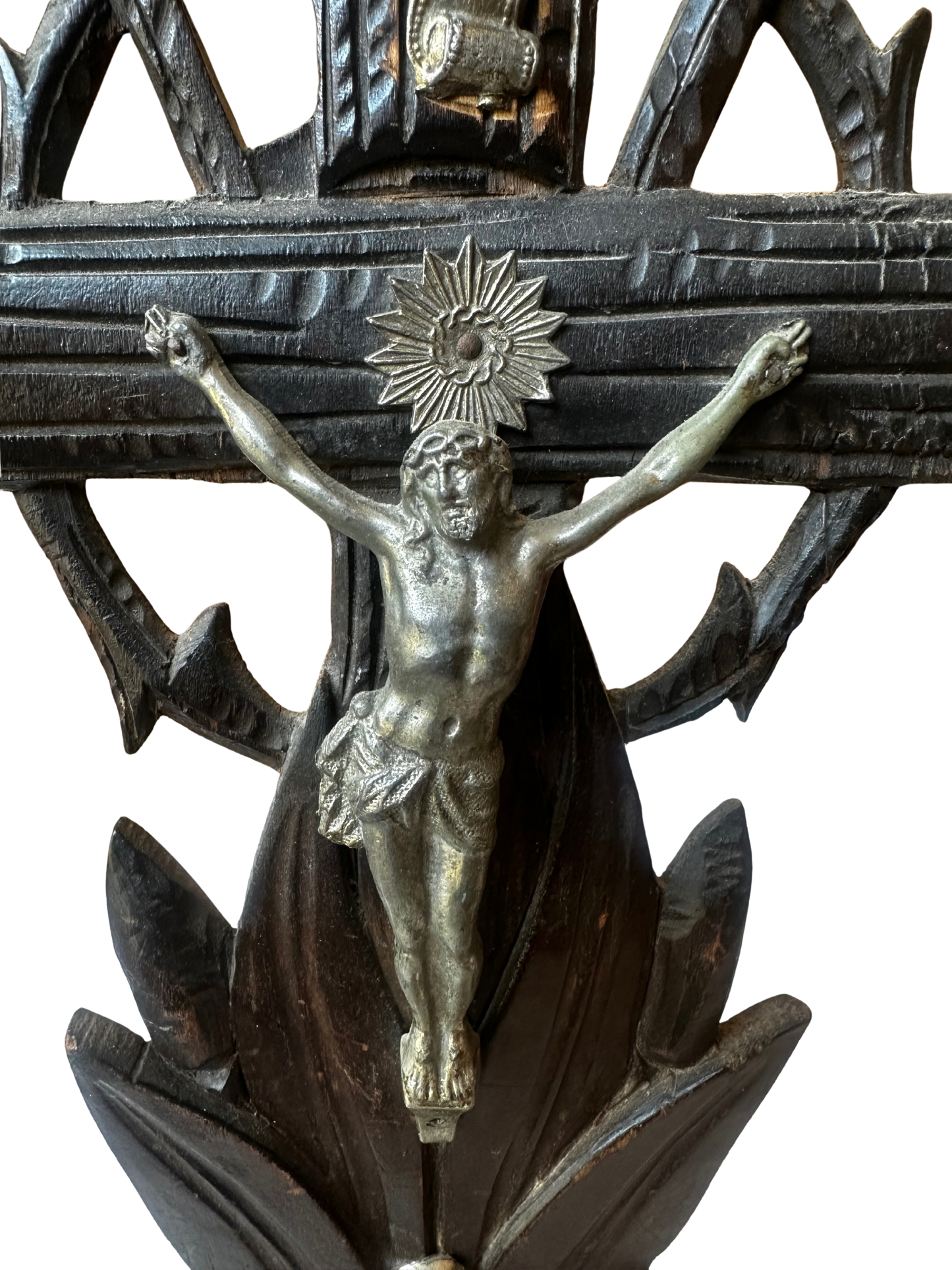 Black Forest–Style Carved Wooden Crucifix with Silverplate Corpus