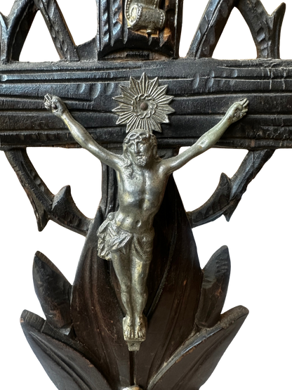 Black Forest–Style Carved Wooden Crucifix with Silverplate Corpus