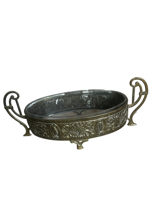 Antique French Repoussé Brass Jardinière with Original Glass Liner
