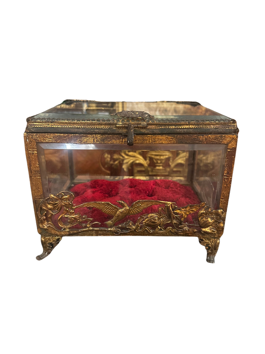 French Art Nouveau Gilt Bronze and Glass Jewelry Casket with Figural Mounts and Tufted Velvet Interior
