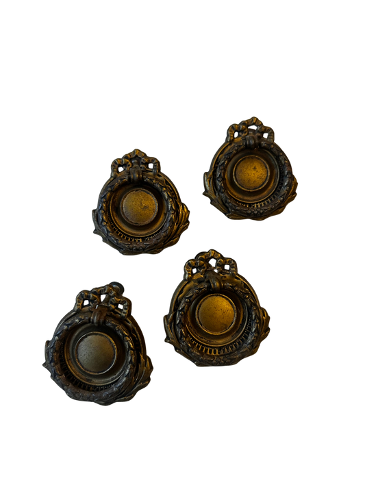 Set of Four Antique Gilt Metal Neoclassical Drawer Pulls with Foliate Wreath Backplates