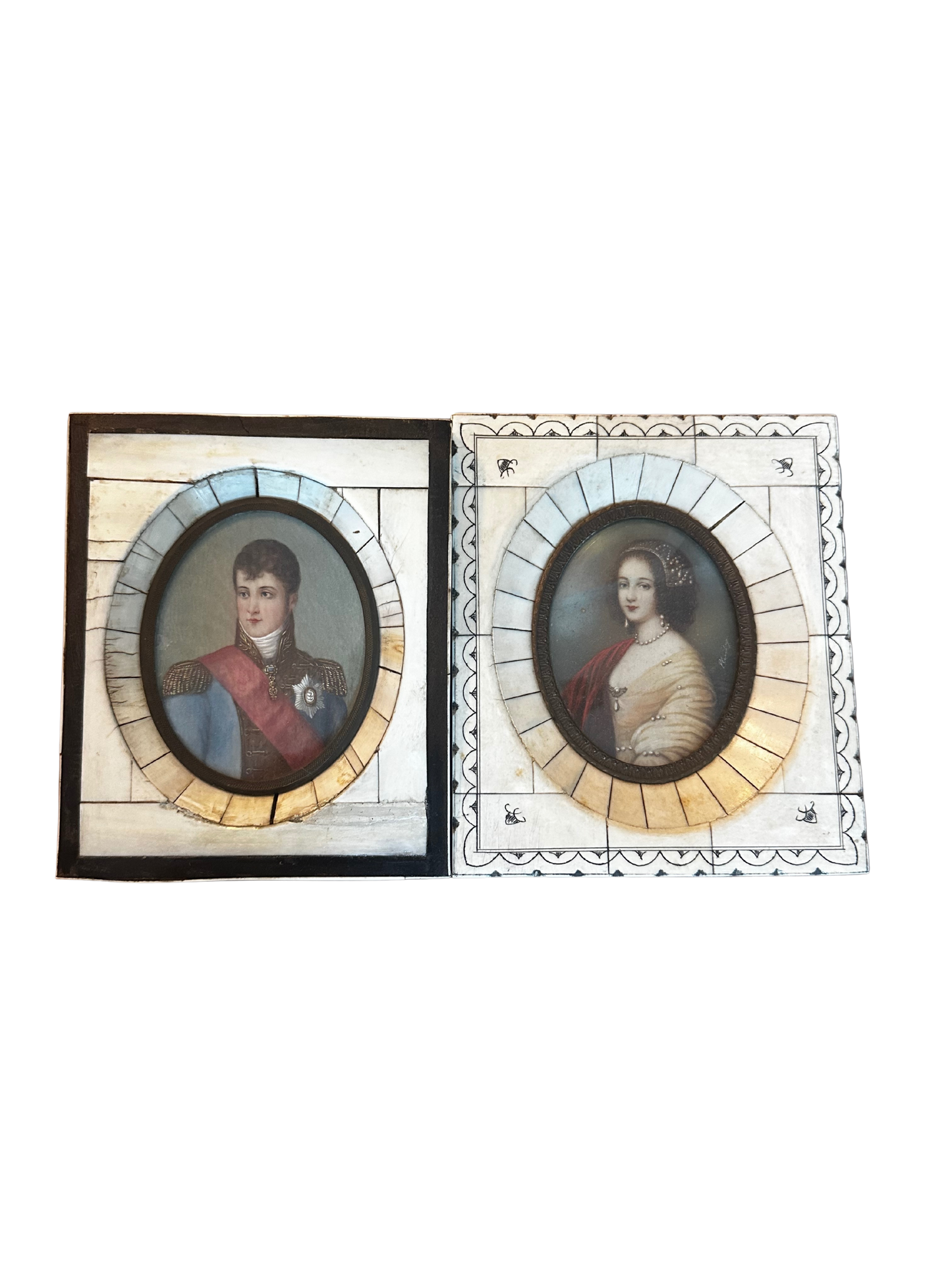 Pair of Antique Portraits of Napoleon and Josephine in Bone Frames