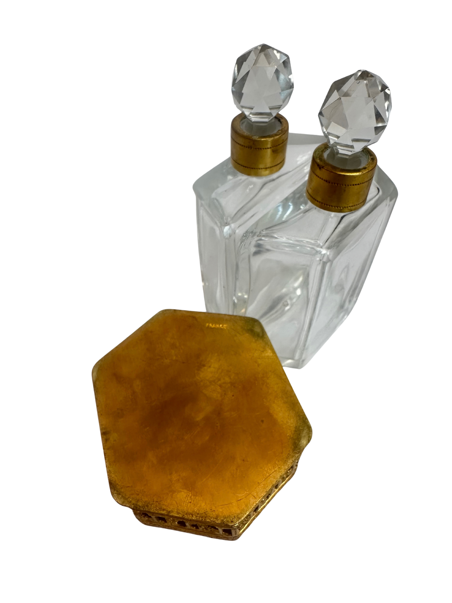 French Gilt-Mounted Double Perfume Bottle Set in Architectural Holder