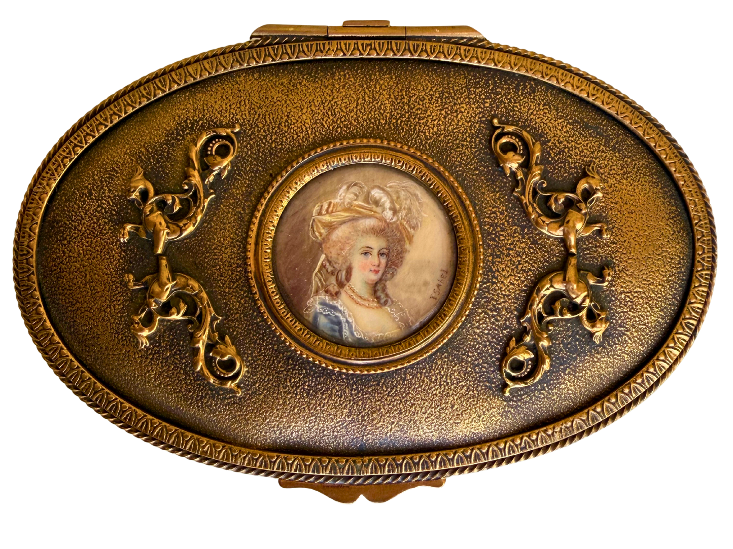 Antique French Gilt Metal Jewelry Casket with Portrait Miniature of Marie Antoinette, Late 19th Century