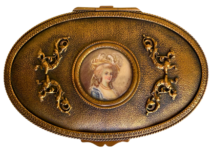 Antique French Gilt Metal Jewelry Casket with Portrait Miniature of Marie Antoinette, Late 19th Century