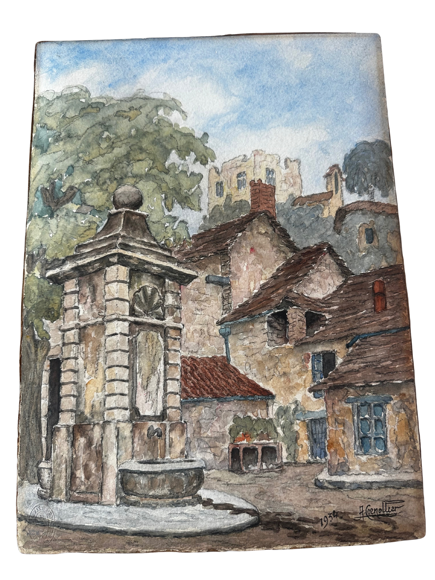 French Village Watercolor with Stone Fountain, Signed and Dated 1934