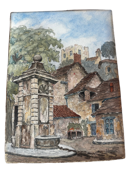 French Village Watercolor with Stone Fountain, Signed and Dated 1934