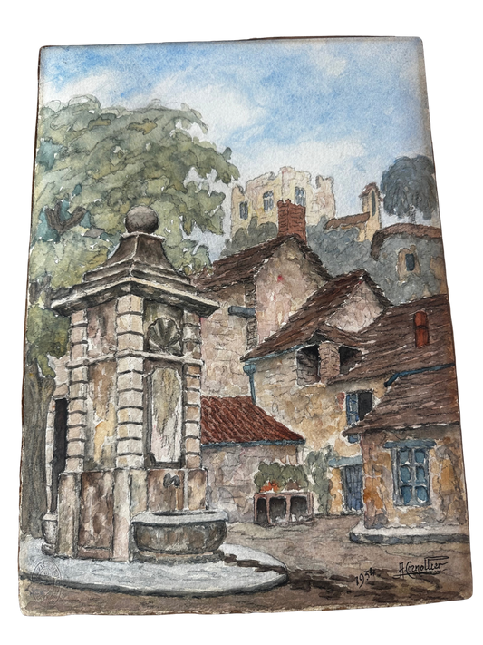 French Village Watercolor with Stone Fountain, Signed and Dated 1934