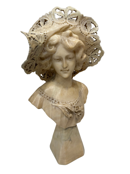 Vintage French-Style Alabaster Composite Maiden Bust with Pierced Lace Bonnet Mid to Late 20th Century
