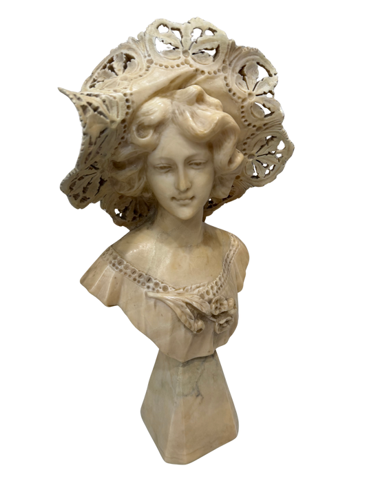 Vintage French-Style Alabaster Composite Maiden Bust with Pierced Lace Bonnet Mid to Late 20th Century