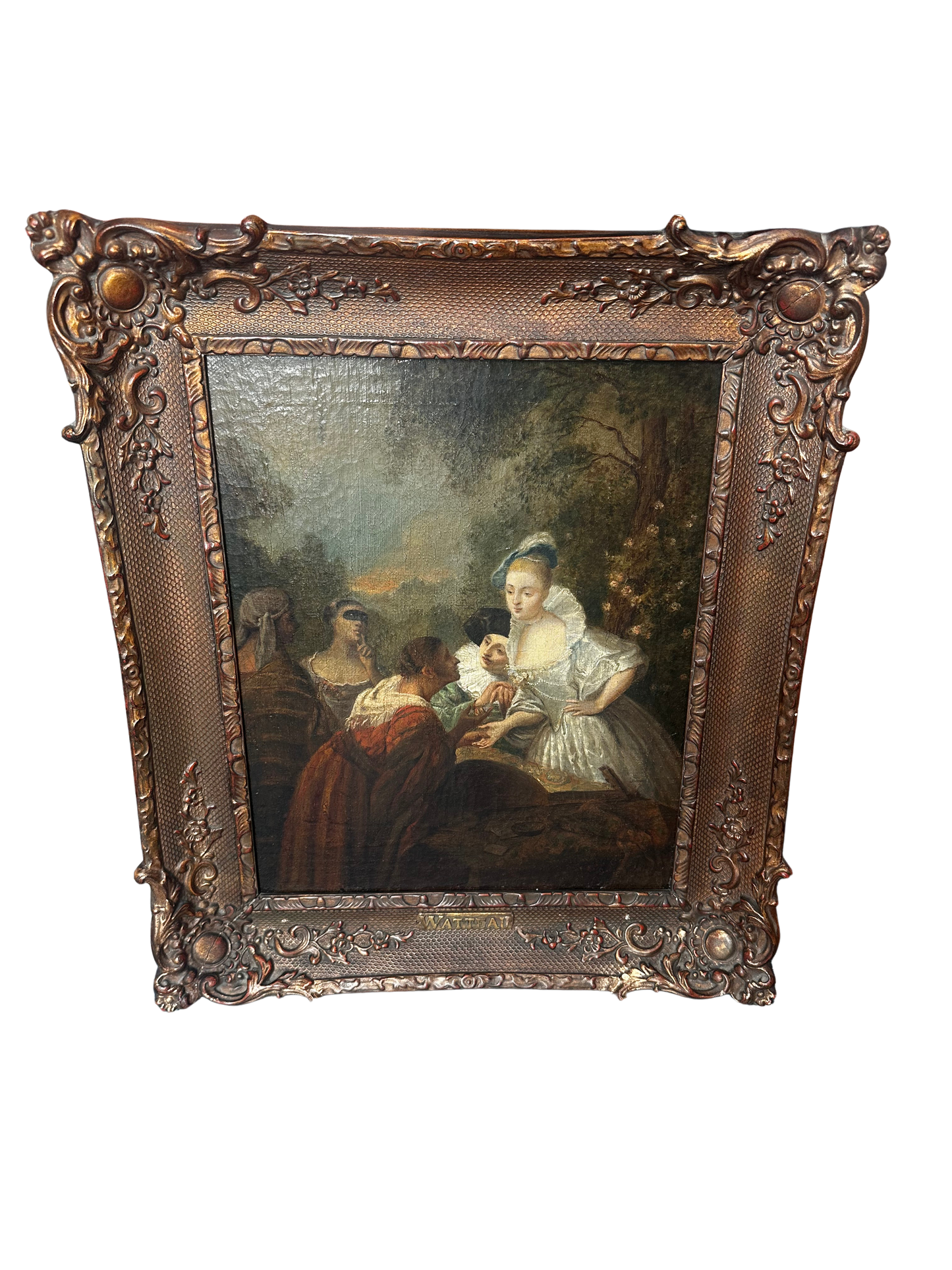 19th C Continental Oil on Canvas of a Fortune Teller Scene after Watteau