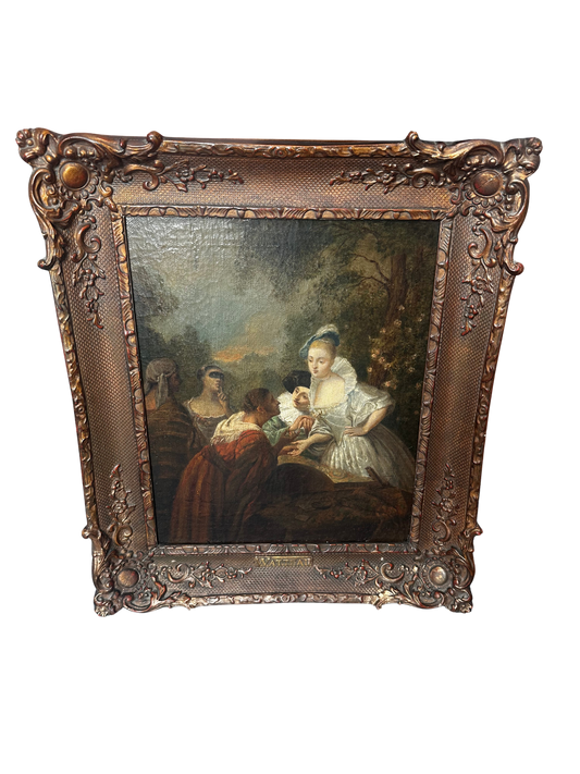 19th C Continental Oil on Canvas of a Fortune Teller Scene after Watteau