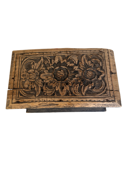Vintage Indian/Folk Art Hand-Carved Floral Wood Storage Chest with Distressed Ebonized Finish