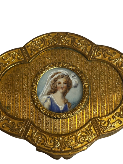 Antique Gilt Metal Clover Shaped Vanity Box with Portrait of a Young Woman