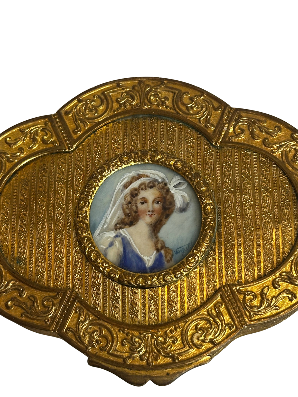 Antique Gilt Metal Clover Shaped Vanity Box with Portrait of a Young Woman