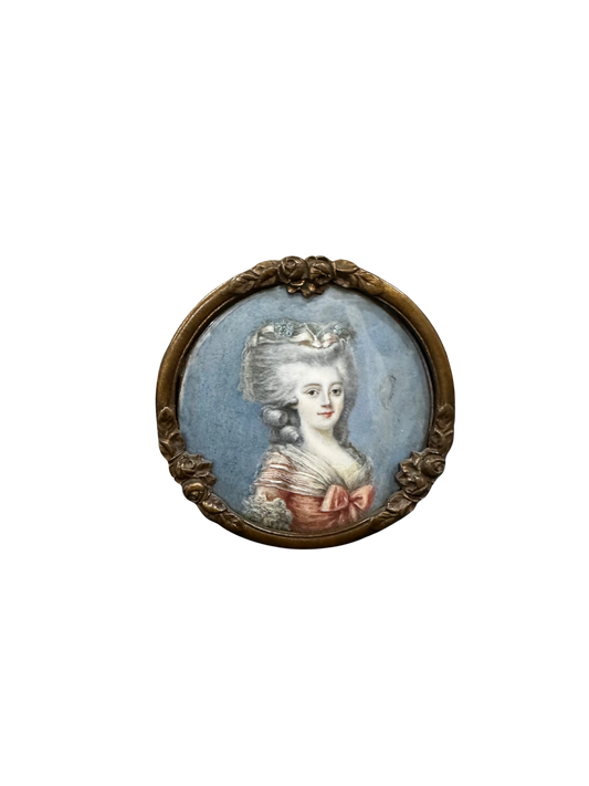 Antique Circular Portrait of a Marie Antoinette-Style Woman in Pink Dress