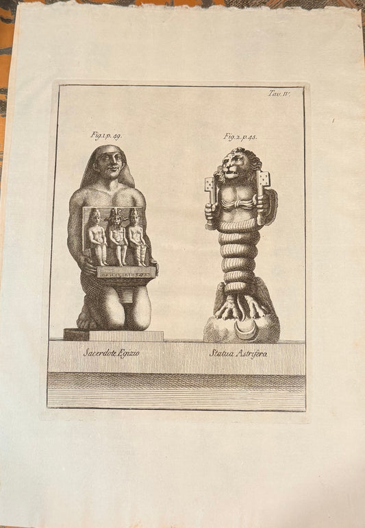 18th C Engraving of Egyptian Priest and Statue