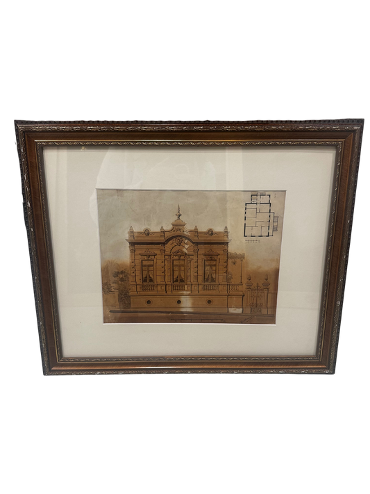 Late 19th C Architectural Watercolor and Ink Rendering with Floor Plan (L Olivieri)