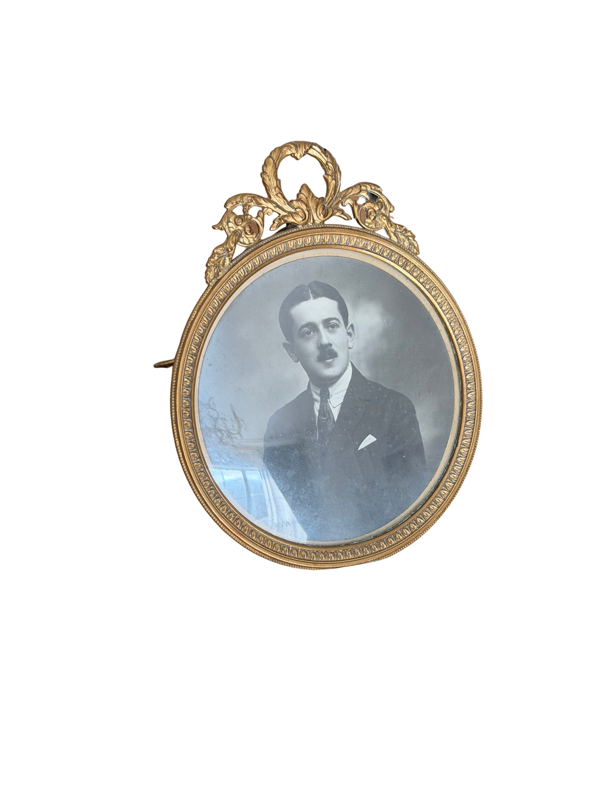 Antique French Gilt-Brass Circular Portrait Frame with Ribbon Crest
