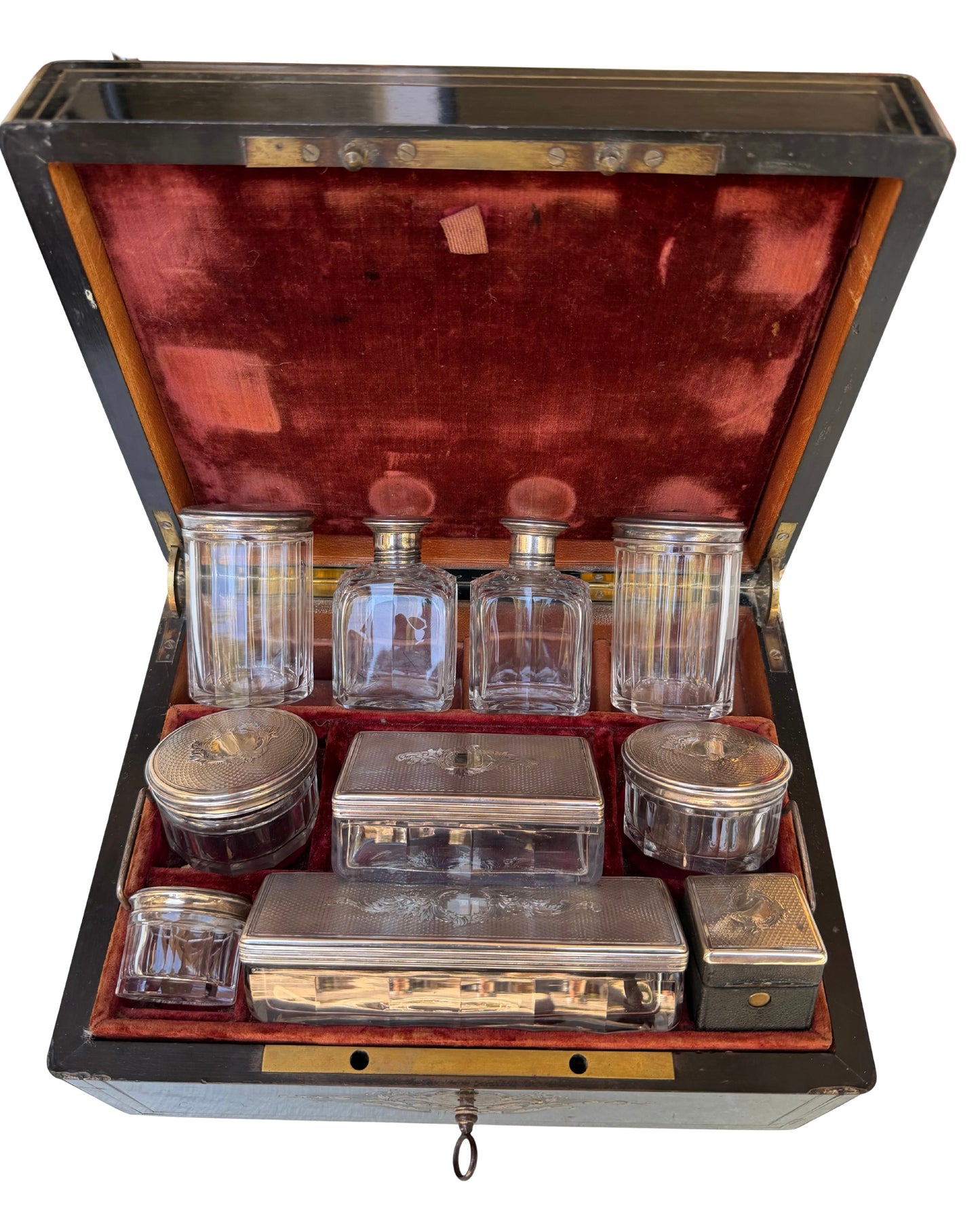 Napoleon III French Boulle-Style Fitted Dressing Case with Minerva Silver Appointments and Monogrammed Cartouche