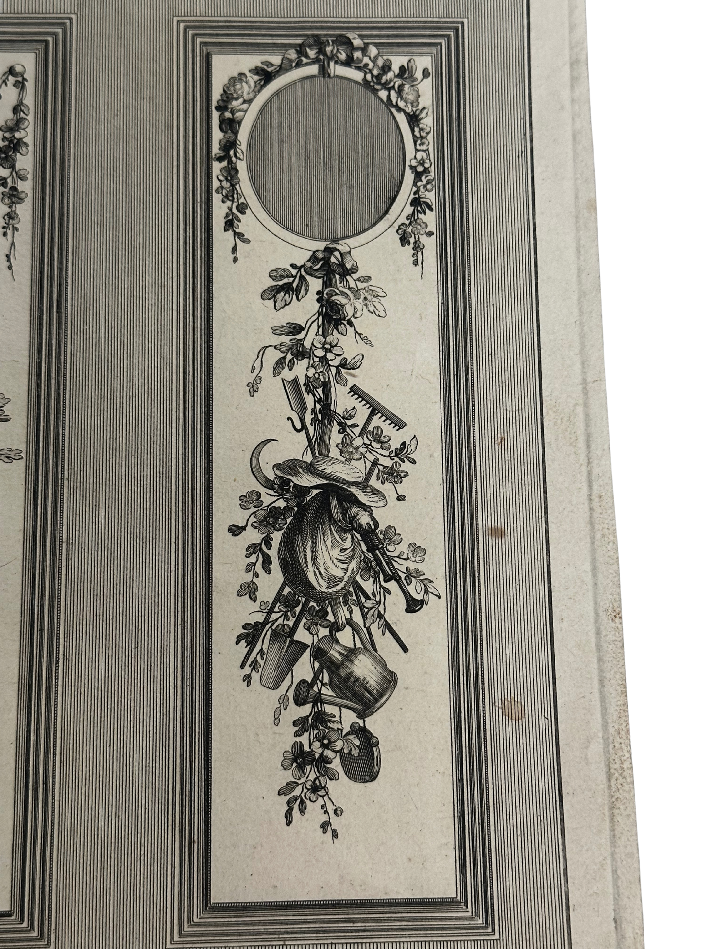 18th-Century French Ornamental Engraving Plate with Floral and Garden Trophy Panels
