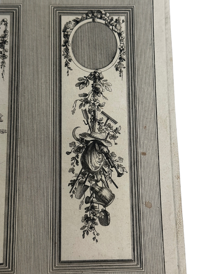18th-Century French Ornamental Engraving Plate with Floral and Garden Trophy Panels