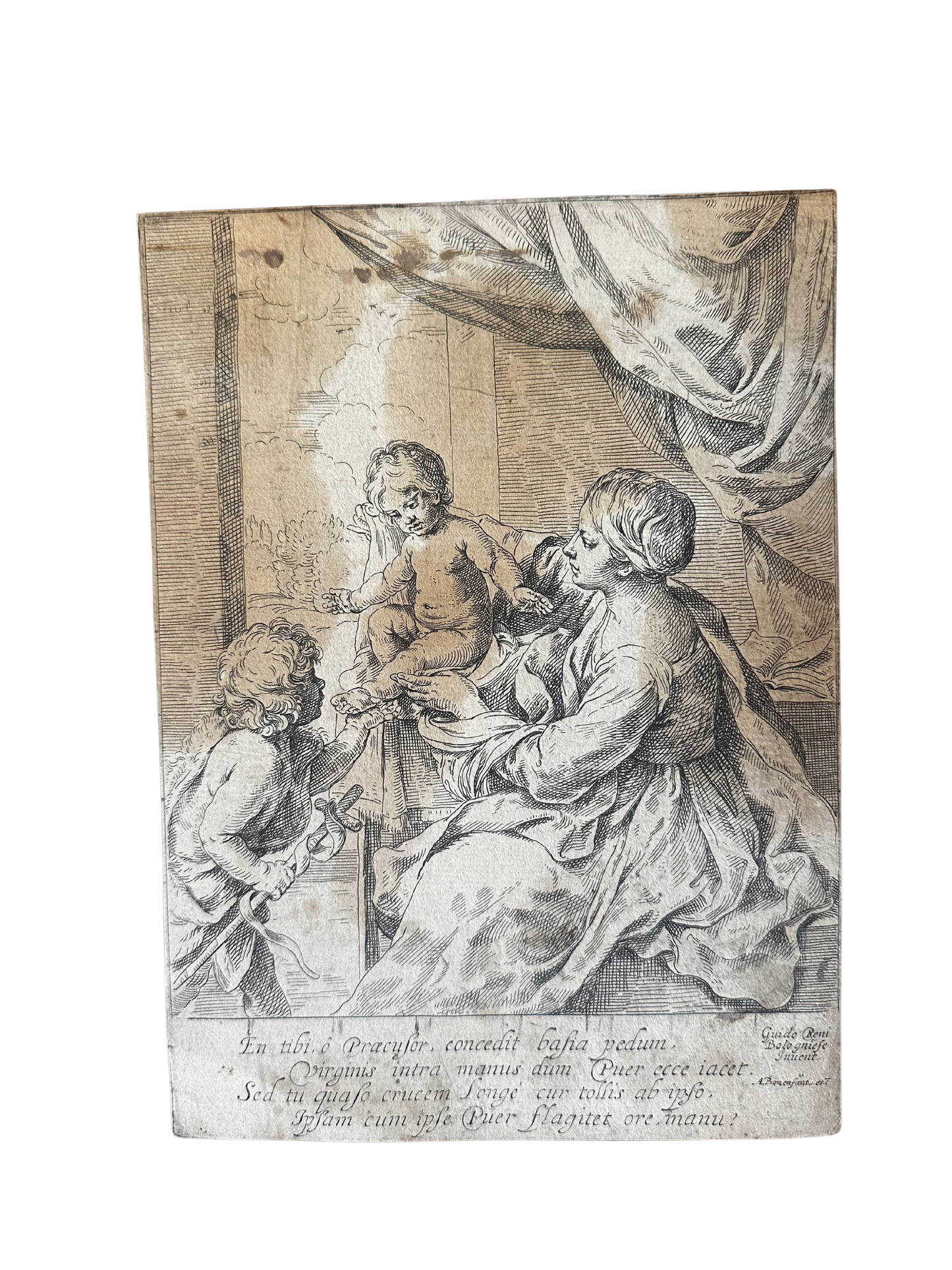 17th C Engraving of St. John the Baptist Presenting the Cross the Christ Child, After Guido Reni (1575-1642) / Engraved by Antonio Bonacini