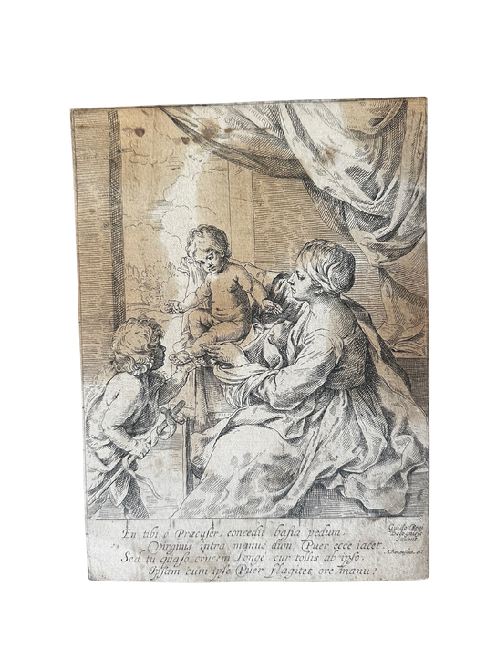 17th C Engraving of St. John the Baptist Presenting the Cross the Christ Child, After Guido Reni (1575-1642) / Engraved by Antonio Bonacini