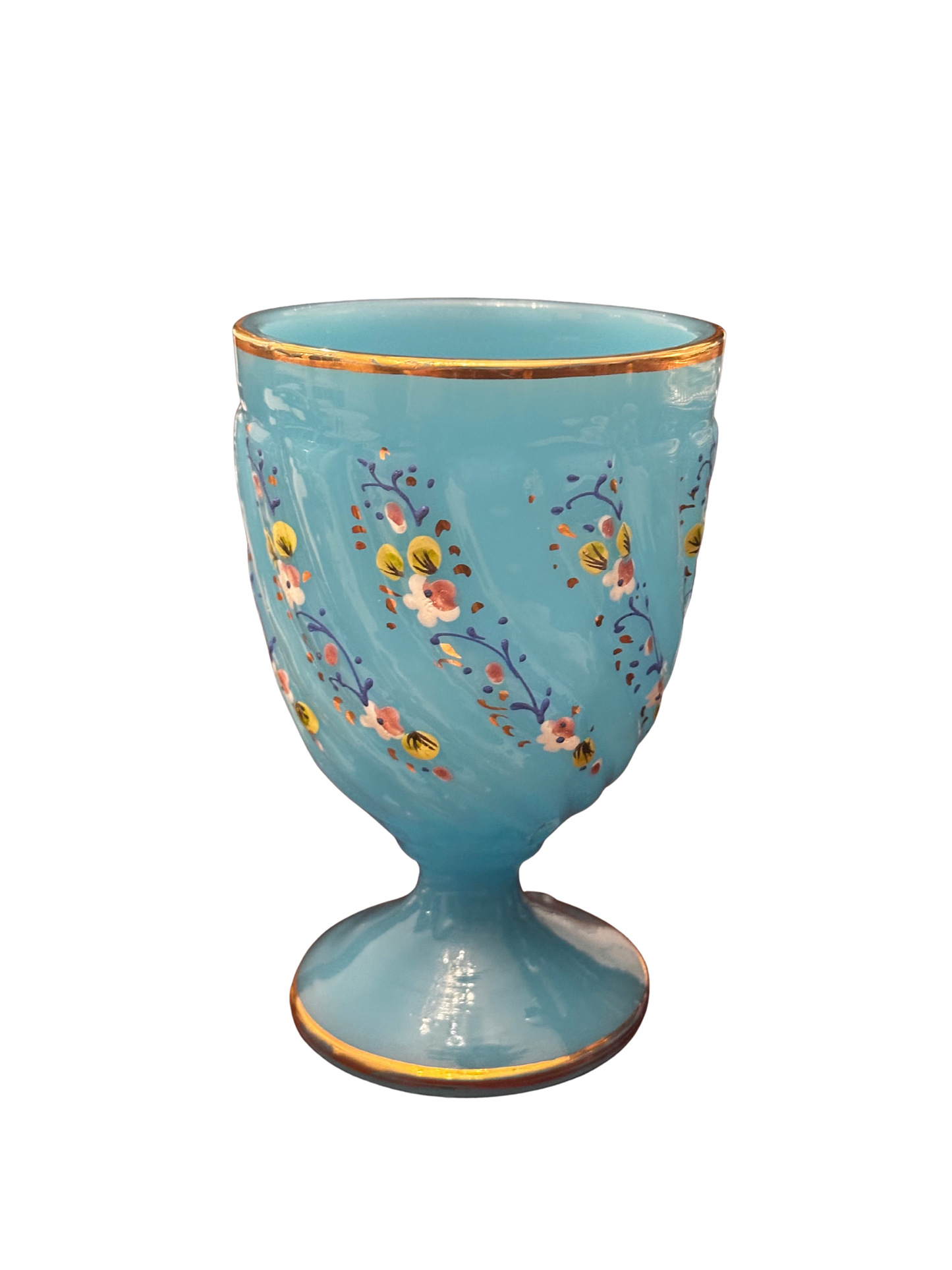 French Blue Opaline Painted Floral Goblet