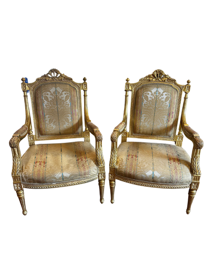 Two Fine French Louis XVI Style Silk-Upholstered Armchairs