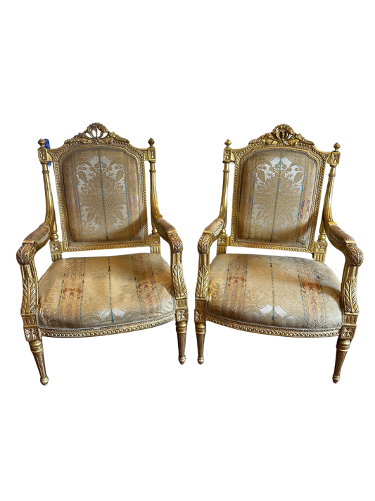Two Fine French Louis XVI Style Silk-Upholstered Armchairs