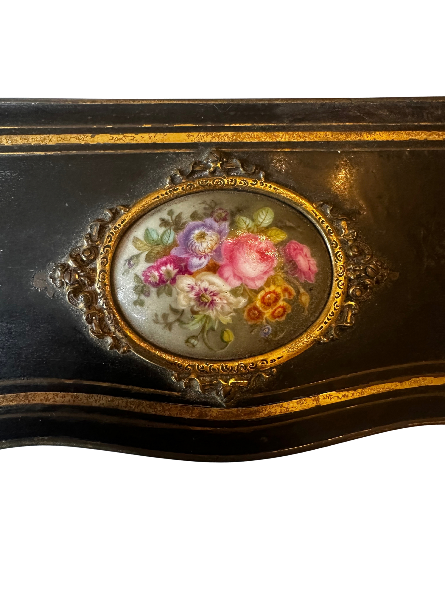 Napoléon III Ebonized Wood Perfume Casket with Painted Floral Plaque and Two Crystal Bottles