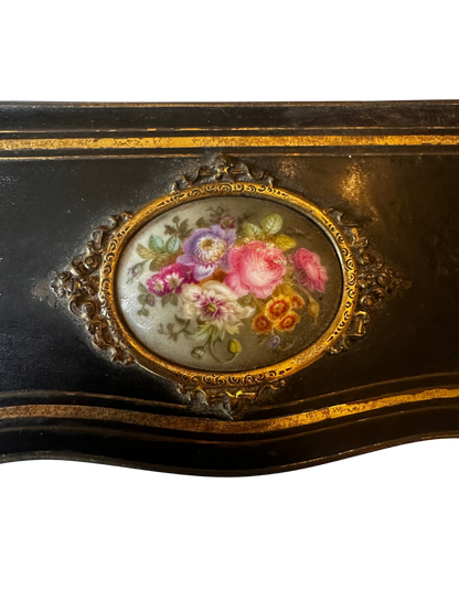 Napoléon III Ebonized Wood Perfume Casket with Painted Floral Plaque and Two Crystal Bottles