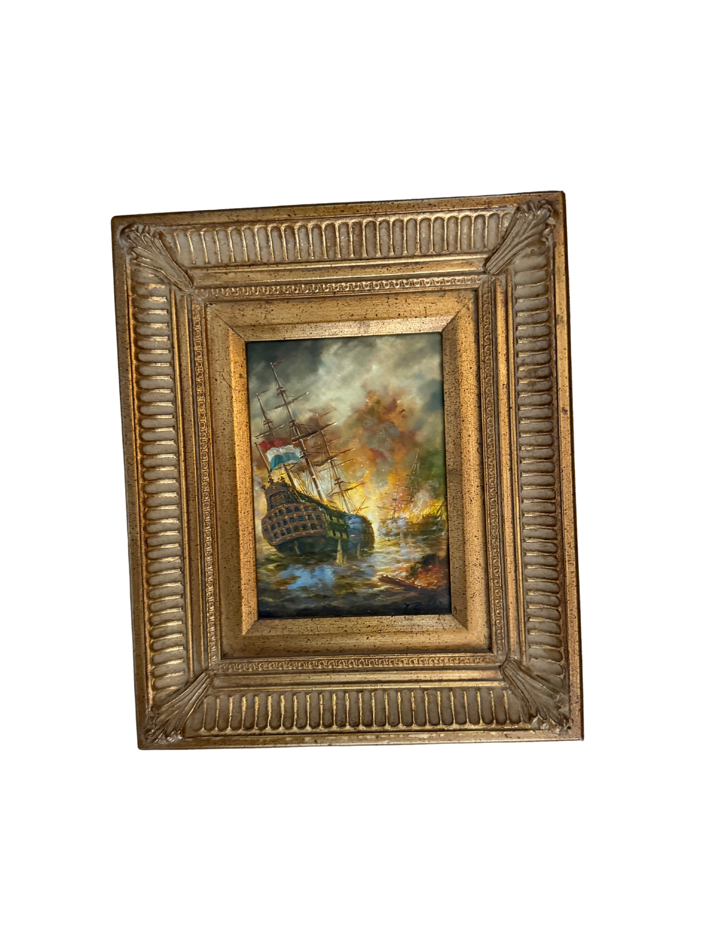 T. Robbin Signed Vintage Oil Painting of a Dutch Warship in a Fiery Naval Battle