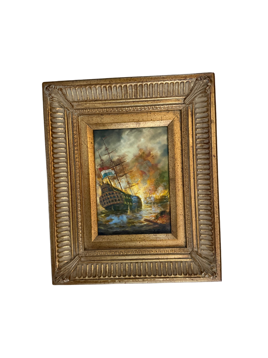 T. Robbin Signed Vintage Oil Painting of a Dutch Warship in a Fiery Naval Battle