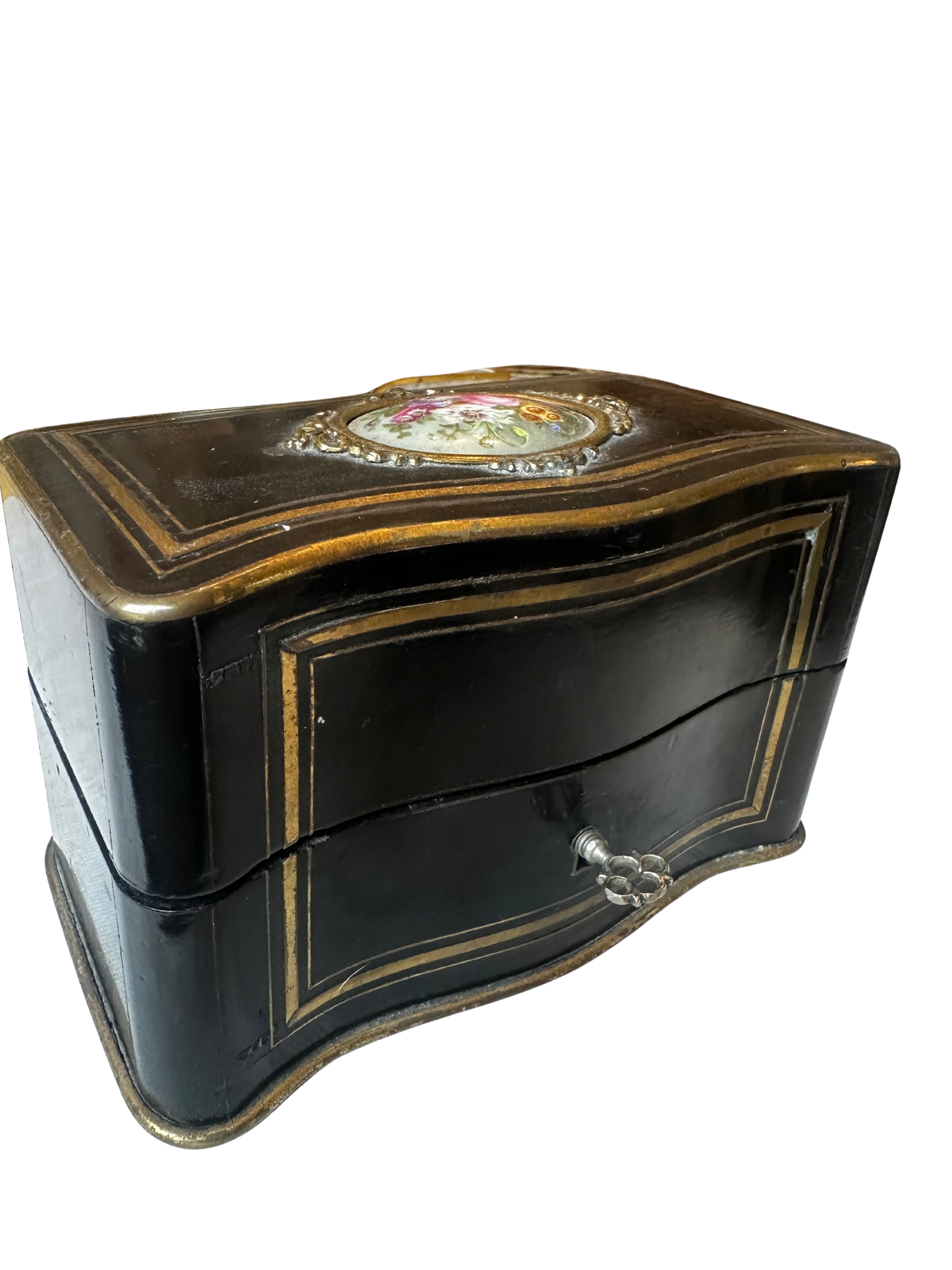 Napoléon III Ebonized Wood Perfume Casket with Painted Floral Plaque and Two Crystal Bottles