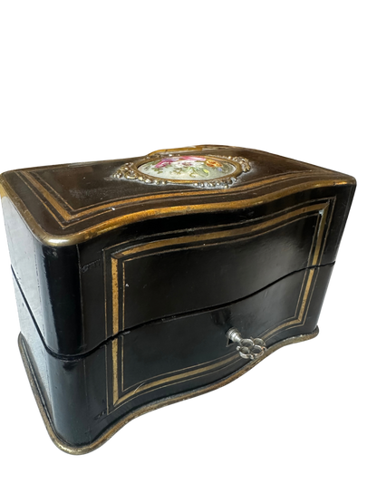 Napoléon III Ebonized Wood Perfume Casket with Painted Floral Plaque and Two Crystal Bottles