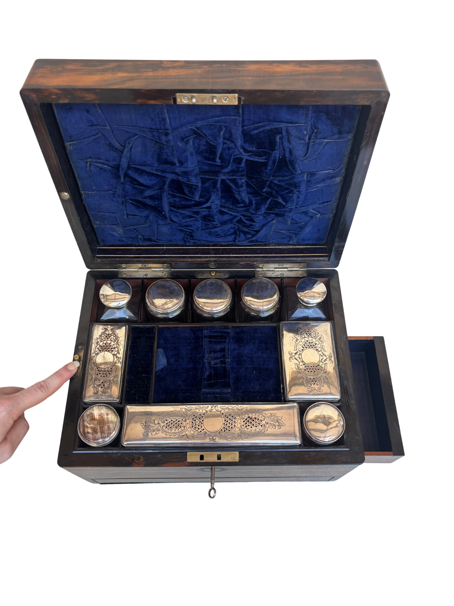 Fine Victorian Burled Walnut Vanity / Dressing Case with Silverplate Fittings, Secret Compartments, Hidden Documents, and Engraved Cartouche Dated 1891
