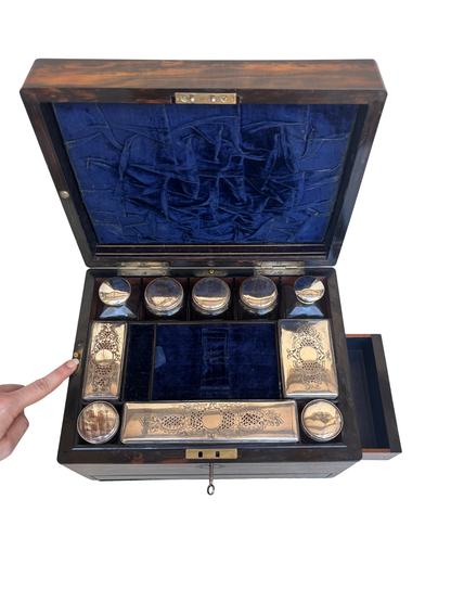 Fine Victorian Burled Walnut Vanity / Dressing Case with Silverplate Fittings, Secret Compartments, Hidden Documents, and Engraved Cartouche Dated 1891