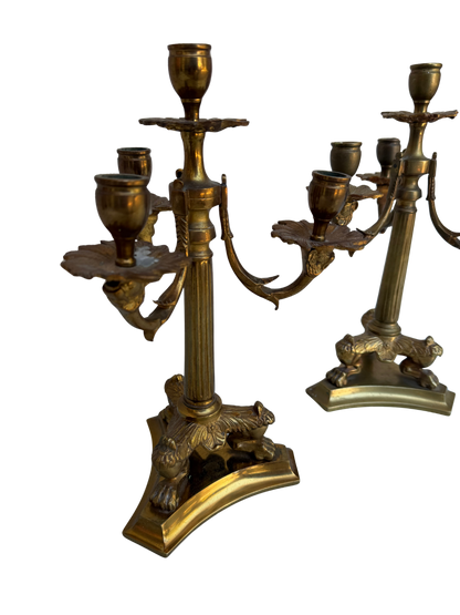 Pair of Antique French Bronze Four-Light Candelabra with Paw Feet and Foliate Arms