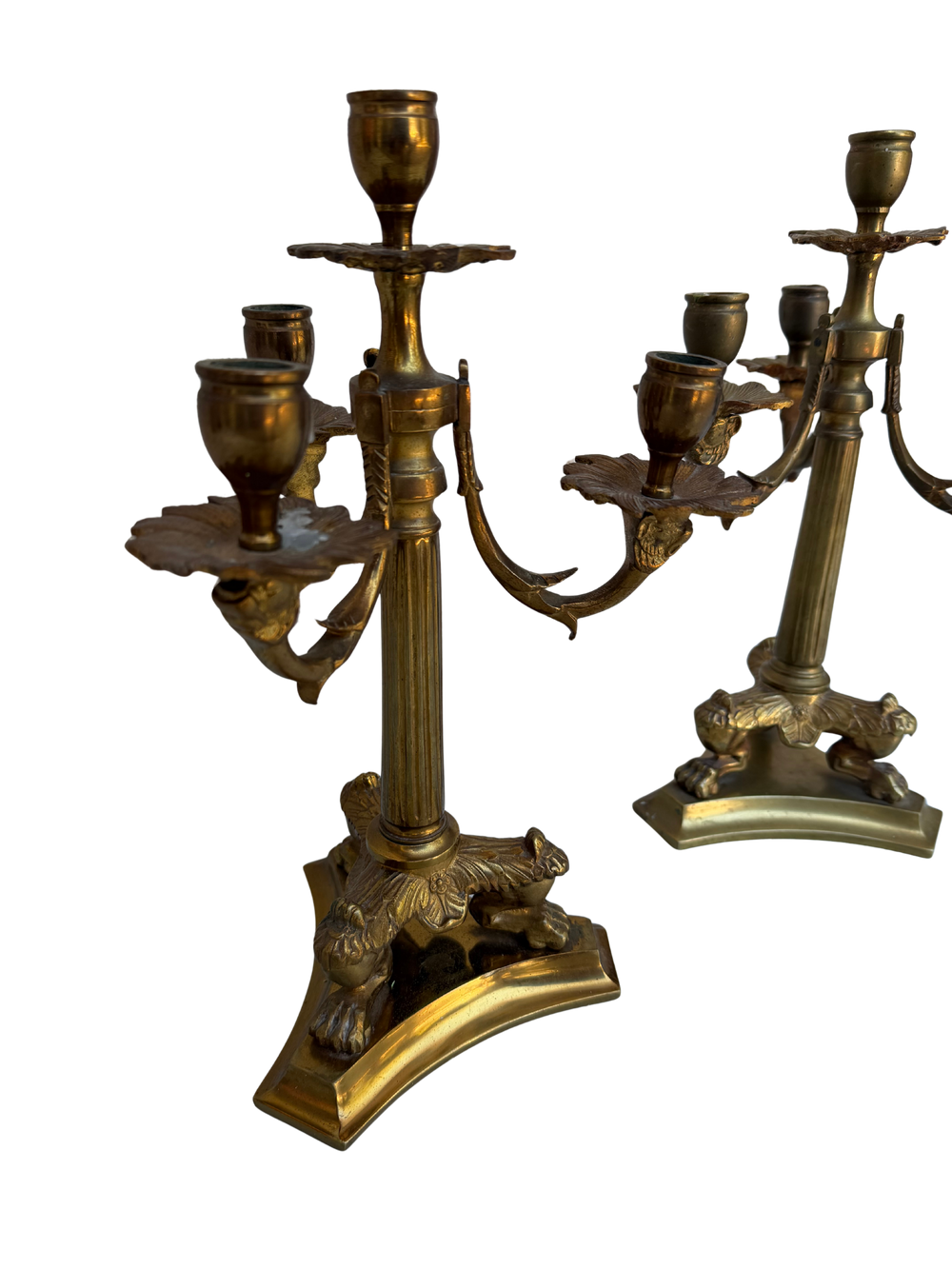 Pair of Antique French Bronze Four-Light Candelabra with Paw Feet and Foliate Arms