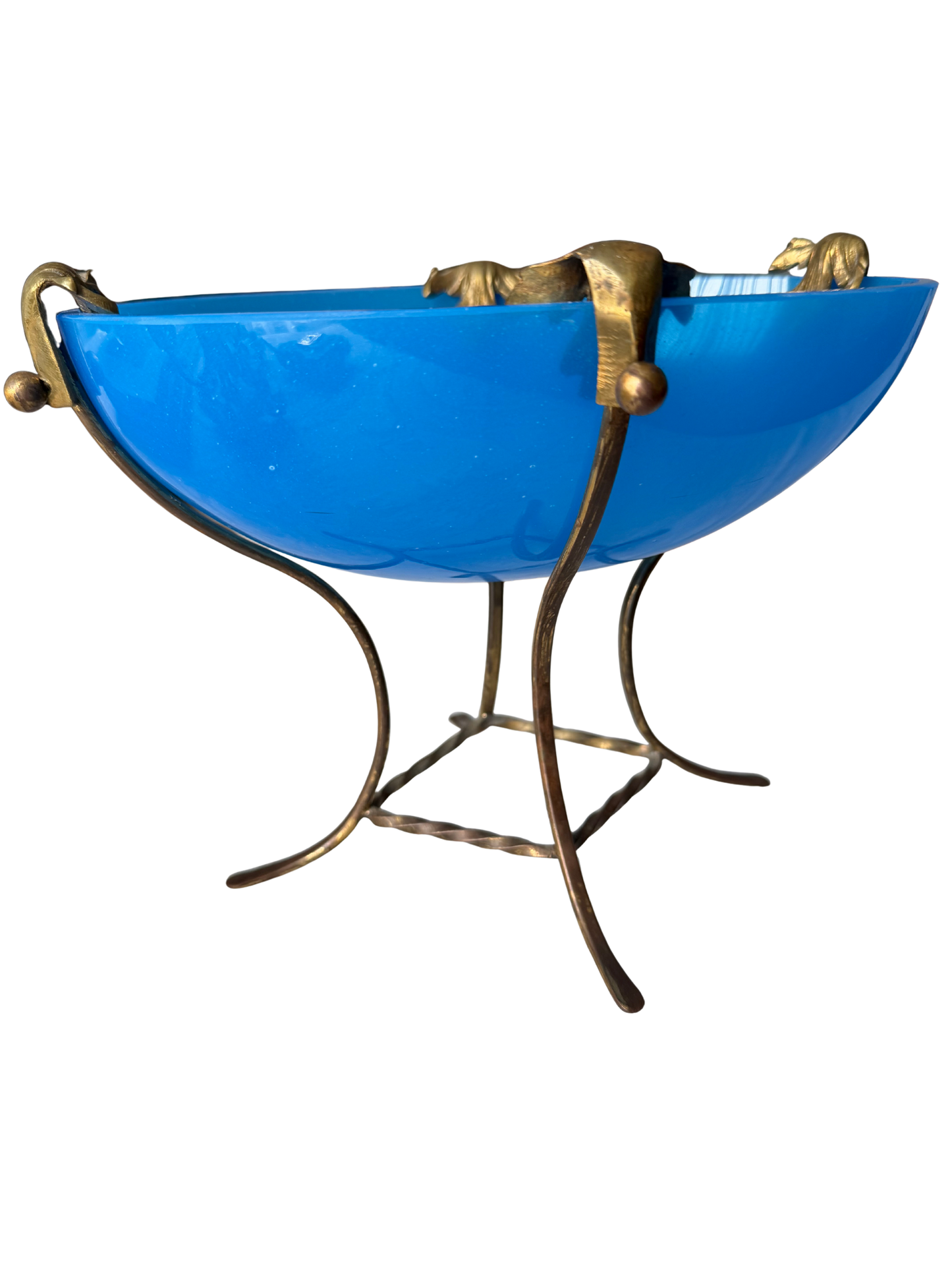 Blue Opaline Glass Centerpiece Bowl in Gilt Brass Foliate Stand